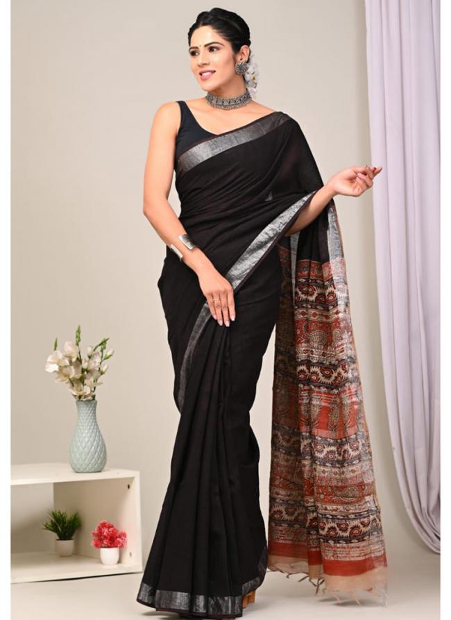 Cotton  Black Daily Wear Printed Saree